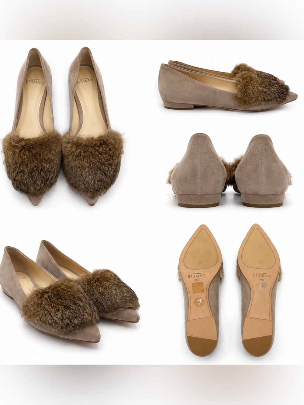 Alexandre Birman Suede Pointed-Toe Flats with Brown Fur Accent